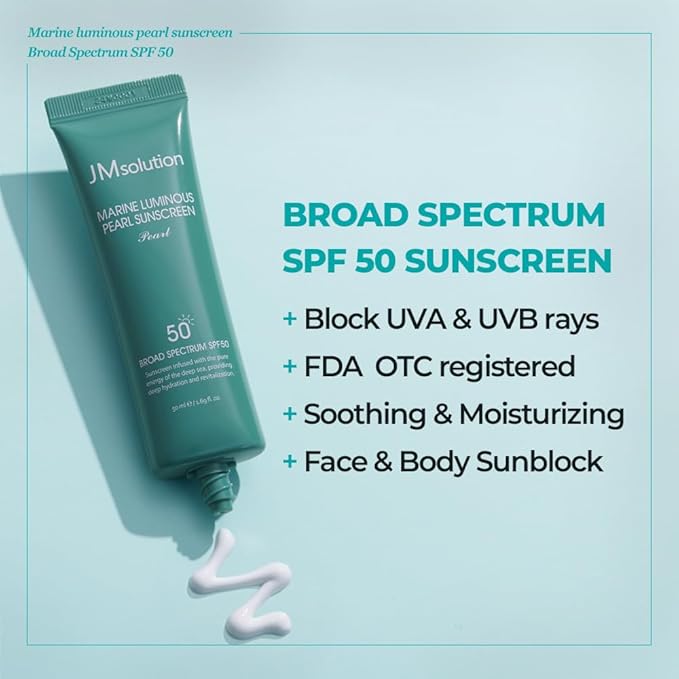 JMsolution Marine Luminous Pearl Sunscreen SPF50 Broad Spectrum UV Protection, Moisturizing & Lightweight, No White Cast, 1.69 fl oz