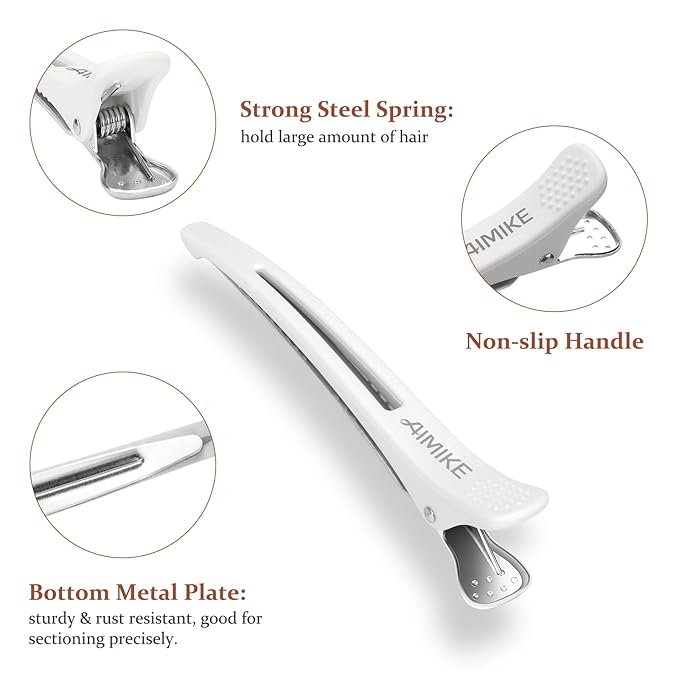 AIMIKE 6pcs Professional Hair Clips for Styling Sectioning, Non Slip No-Trace Duck Billed Hair Clips with Silicone Band, Salon and Home Hair Cutting Clips for Hairdresser, Women, Men - White 4.3” Long