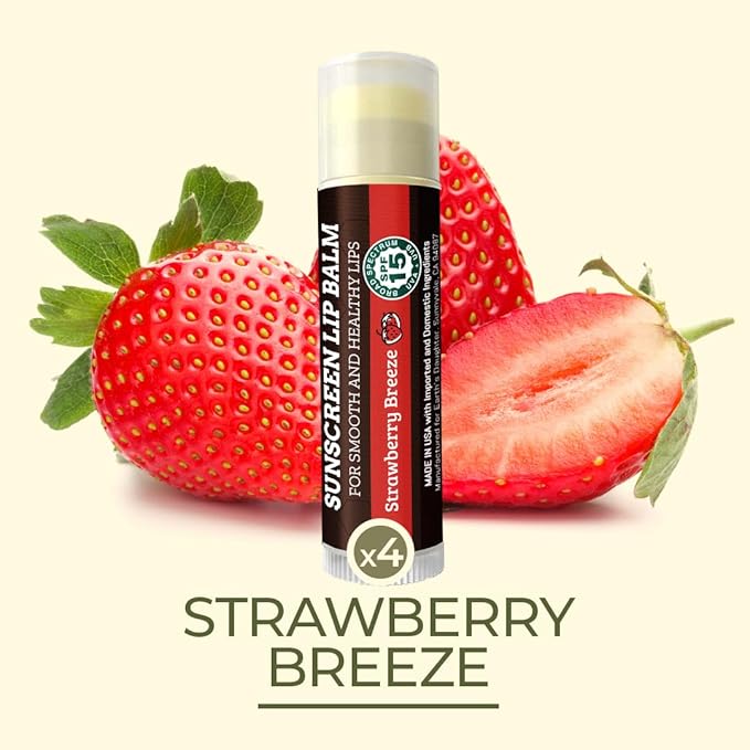 Earth's Daughter SPF Lip Balm 4-Pack Strawberry Flavor Stocking Stuffers - Lip Sunscreen, SPF 15, Organic Ingredients, Beeswax, Coconut Oil, Vitamin E - Hypoallergenic, Paraben Free, Gluten Free