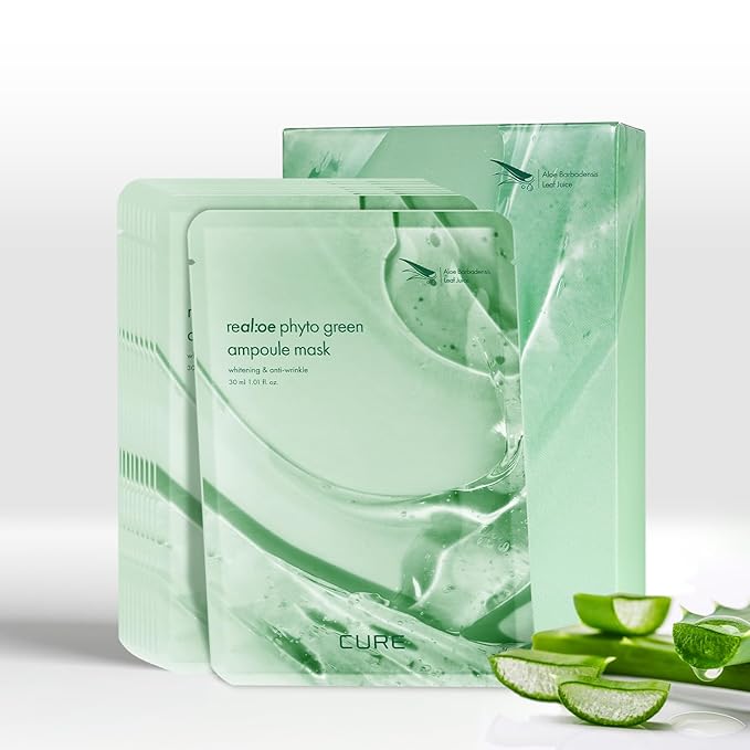 Cure Real:oe Phyto Green Ampoule Mask, 10 Sheets, Aloe Hydrogel Sheet Mask, Korean Skincare for Hydration (Pack of 1)