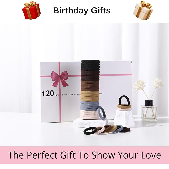 LuSeren 120 Pcs No Damage Hair Ties for Thick Hair, Large Soft Seamless Nylon Hair Elastics for Women, Ponytail Holders, Hair Accessories – Neutral Colors