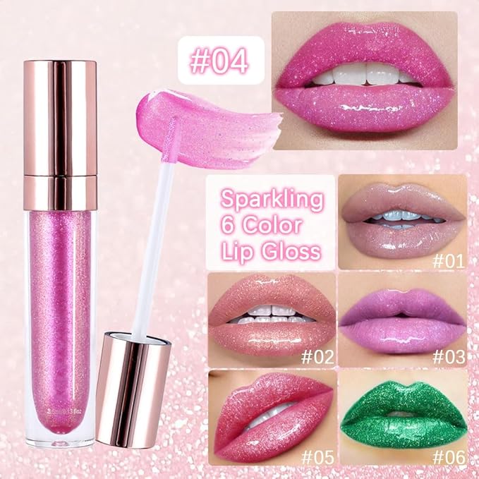 evpct 1Pcs Pink Pearlescent Chameleon Shimmer Glitter Lipstick Lip Gloss, Long Lasting Waterproof Glitter Metallic Sparkly Glossy Lip Gloss Tint Liquid Lipsticks Set Lip Stain Makeup for Women
