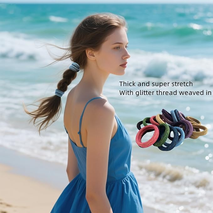 Large Stretch Thick Hair Ties for All Hair Types Seamless Glitter Hair Ponies Elastics Ponytail Holders Hair Scrunchies for Thick Hair Hair Accessories Women Girls 20-Pack