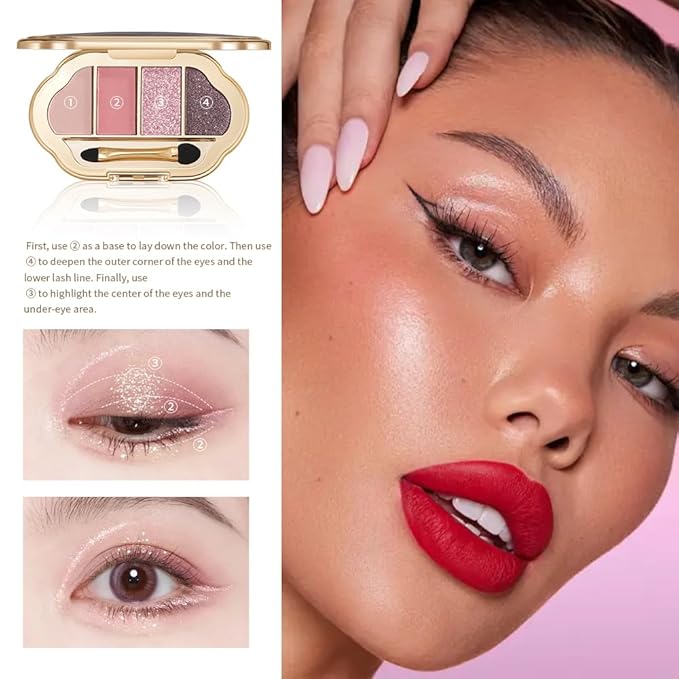 4-Color Eyeshadow Palette, Matte & Shimmer Neutrals, Highly Pigmented & Blendable, Everyday Natural Makeup, Travel-Friendly Compact, Smoky Pink Rose