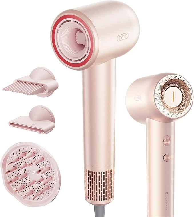 Blow Dryer with Comb, TYMO AIRHYPE Compact 200 Million lonic Hair Dryer with Diffuser, Fast Dry Pink Blow Dryer for Women 110,000RPM Portable Hairdryer for Curly Hair, 4 Temps & 2 Speeds