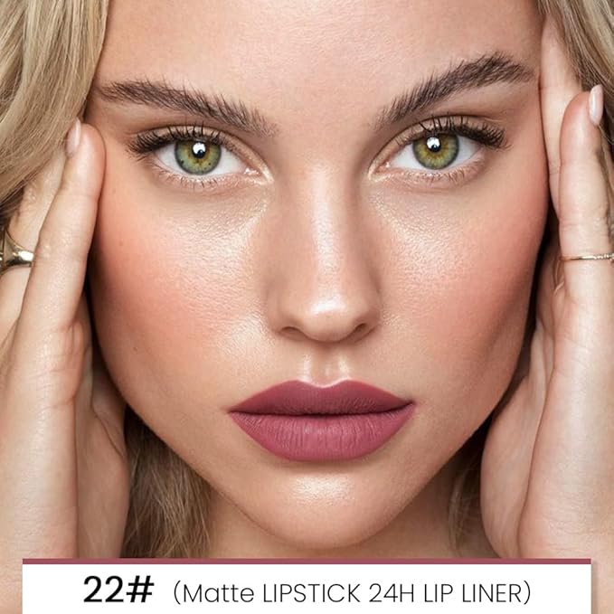 evpct 1Pcs Light Mauve Red Matte Lip Liner and Lipstick Combo Set Kit for Women, Magic Neutral Lipstick 24 Hours Original Lipsticks and Lips Liner Pencil Stain Makeup Long Lasting Waterproof, 22#