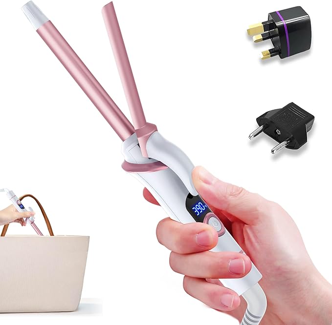 Mini Curling Iron for Short Hair Dual Voltage with European UK Plug Adapter 1/2 Inch Travel Size Small Barrel Curling Iron to Medium Bouncy Curls with 30S Fast Heating, 5 Temps for Global