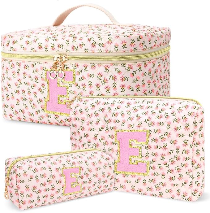 3 PCS Travel Makeup Bag Set, A–Z Initials Cotton Quilted Cosmetic Bag for Women & Preppy, Personalized Toiletry Bag Travel Accessories Makeup Brushes Organizer, Valentine’s Day & Birthday Gift for Her