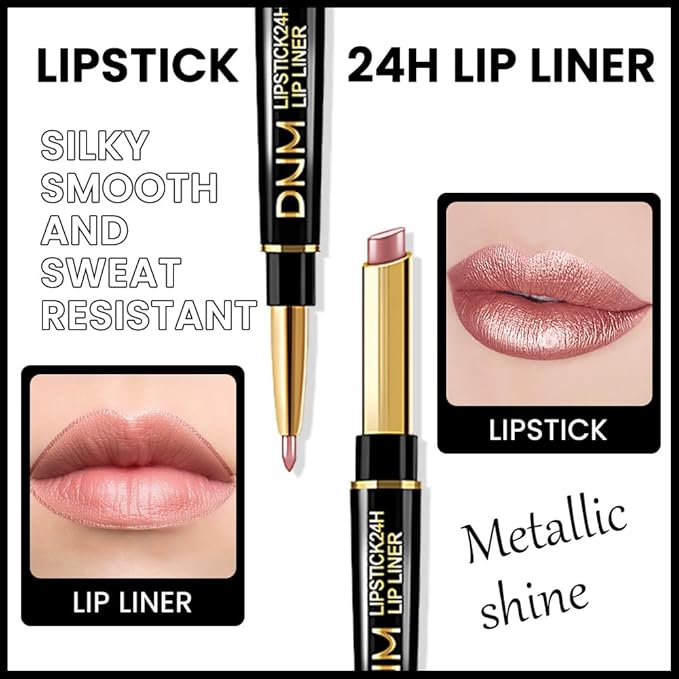 evpct 1Pcs Rose Nude Pink Metallic Shine Shimmer Lip Liner and Lipstick Combo Set Kit for Women, Lightweight Hydrating Formula High Impact Full Coverage Lipstick and Lip Liner Makeup Gloss, 17#