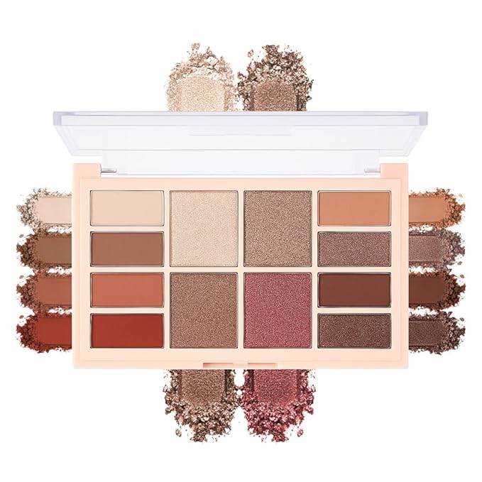 12-Color Warm Red Brown Eyeshadow Palette – Matte Shimmer Glitter Neutral Nude Eye Shadow with Rose Gold, Champagne, Bronze & Peach Shades, High Pigment Long-Lasting Blendable Soft Glam Makeup Palette
