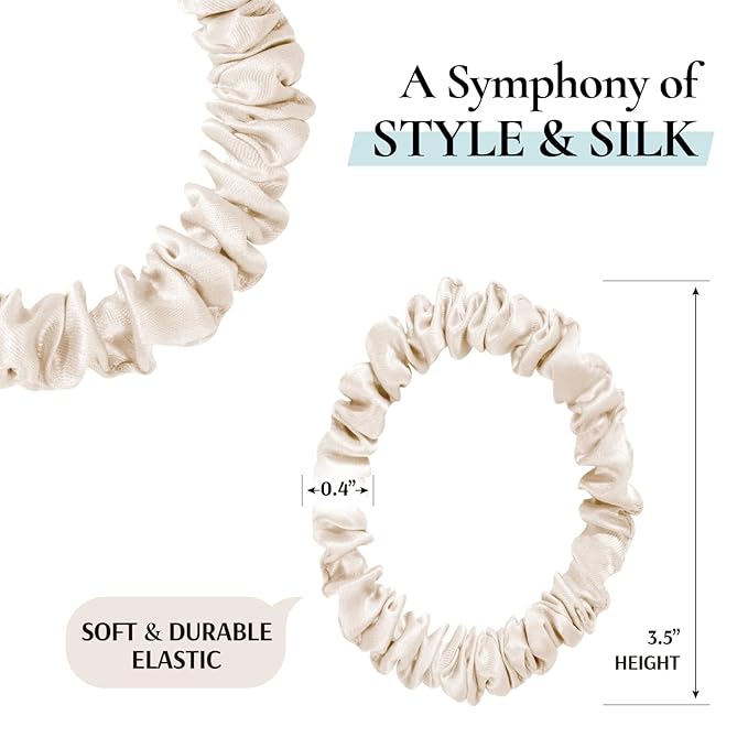 Zenssia Silk Scrunchies for Hair, 4PC Pure Mulberry Silk Hair Ties No Damage, Skinny Elastic Scrunchies for Fine & Thin Hair, Black Champagne