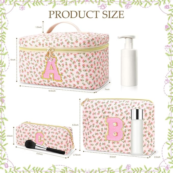 3 PCS Travel Makeup Bag Set, A–Z Initials Cotton Quilted Cosmetic Bag for Women & Preppy, Personalized Toiletry Bag Travel Accessories Makeup Brushes Organizer, Valentine’s Day & Birthday Gift for Her