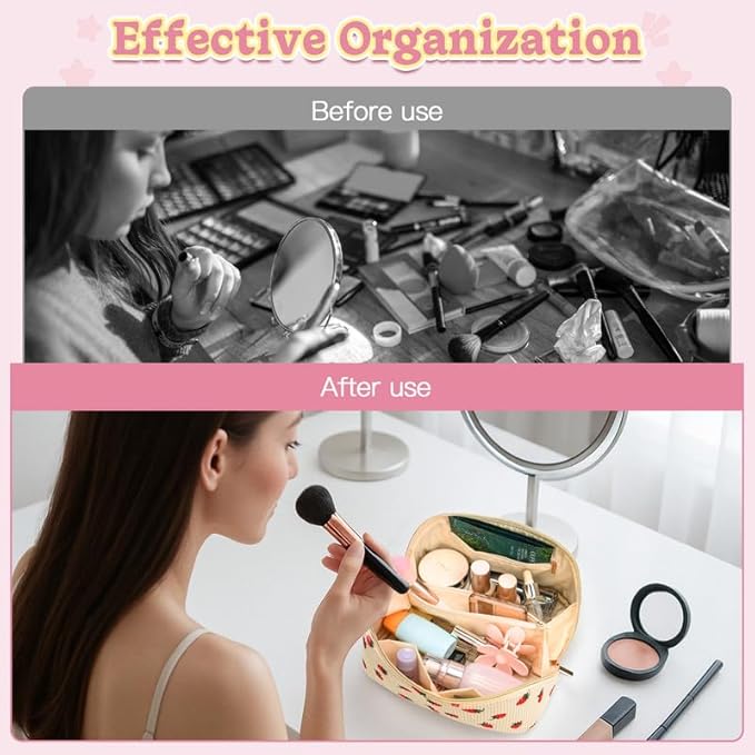 Personalized Travel Makeup Bag Set,Initial Travel Strawberry Makeup Organizer Bag,Toiletry Skincare Cosmetic Bag, Valentine's Day Gifts for Women/Girls/Teen,Open Flat Toiletry Pouch with Brush Bag