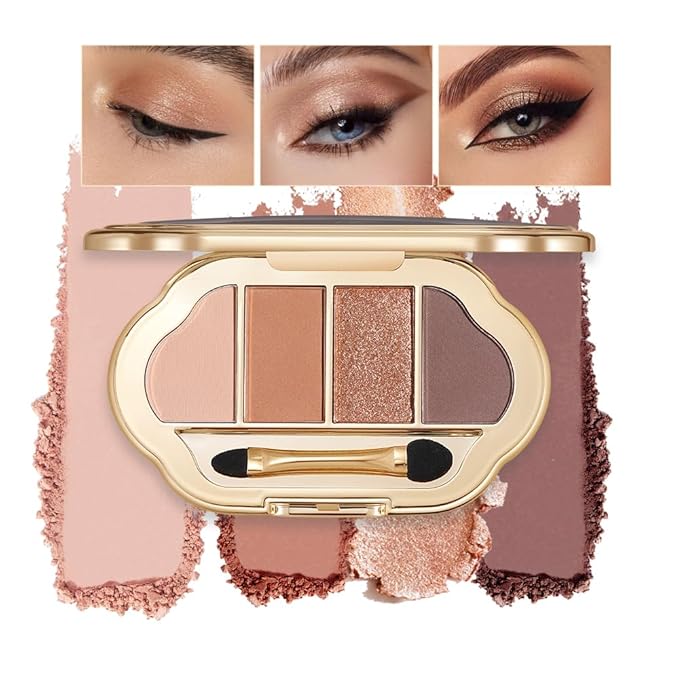 Nude Eyeshadow Palette 4 Colors, Caramel Brown Neutral Matte Glitter Eye Shadow Quad, High Pigment Long-Wear Non-Fallout Texture, Easy-Blend Daily Makeup Palette for Office & Natural Looks, 2#