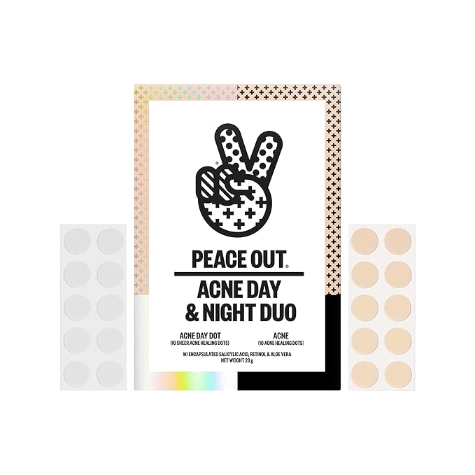 PEACE OUT Acne Day & Night Duo, Sheer Hydrocolloid Pimple Patches For Day Plus Overnight Acne Dots, Helps Clear Blemishes Quickly with Salicylic Acid, Retinol and Aloe Vera, 20 dots