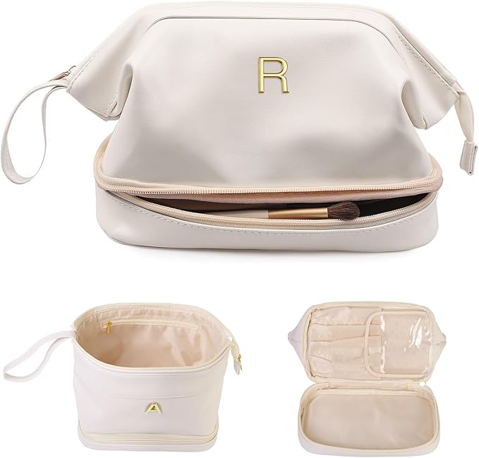 Birthday Gifts for Women, Initial Makeup Bags for Teens Girls, Double Layer Cosmetic Bag with Makeup Brush Organizer, Travel Toiletry Bag, Maid of Honor Gifts-Travel Gift For Female