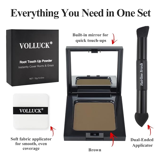 VOLLUCK Root Touch up Powder, Long-lasting Gray Hair Cover up Powder for All Hair Types, Waterproof for Women and Men (Brown, 0.42 0unce)