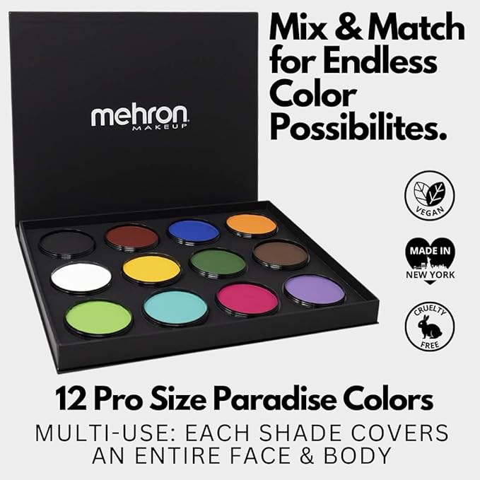 Mehron Makeup Paradise Makeup AQ 12-Color Pro Palette with Deluxe Case | Refillable Face & Body Paint Kit | Water-Activated Kit for Halloween, Cosplay, Theater, SFX & Stage
