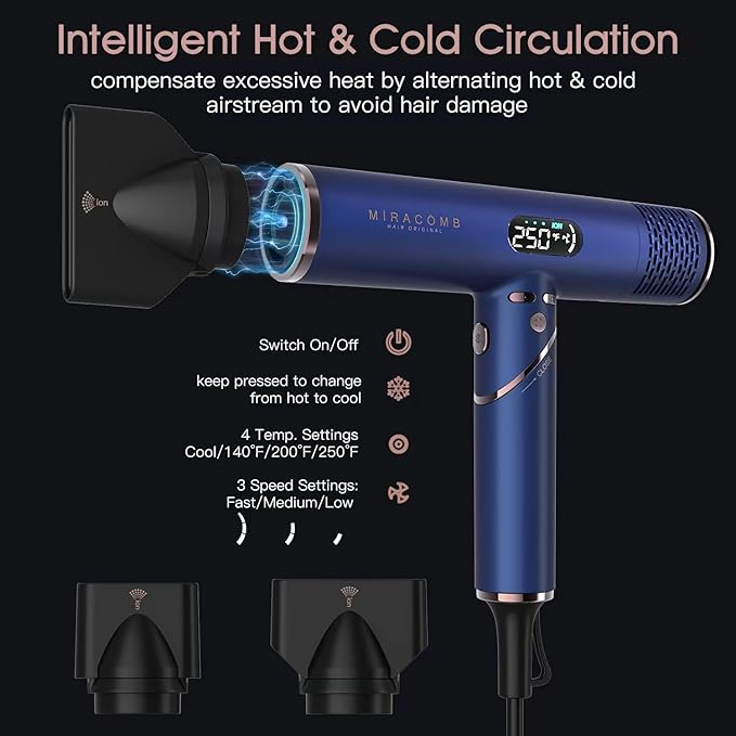 MIRACOMB Foldable Travel Hair Dryer, Powerful Ionic Blow Dryer Pro with Brushless Motor for Fast Drying, Lightweight Portable Hairdryer for Women/Men, Digital Heat/Speed Settings, with 2 Nozzles