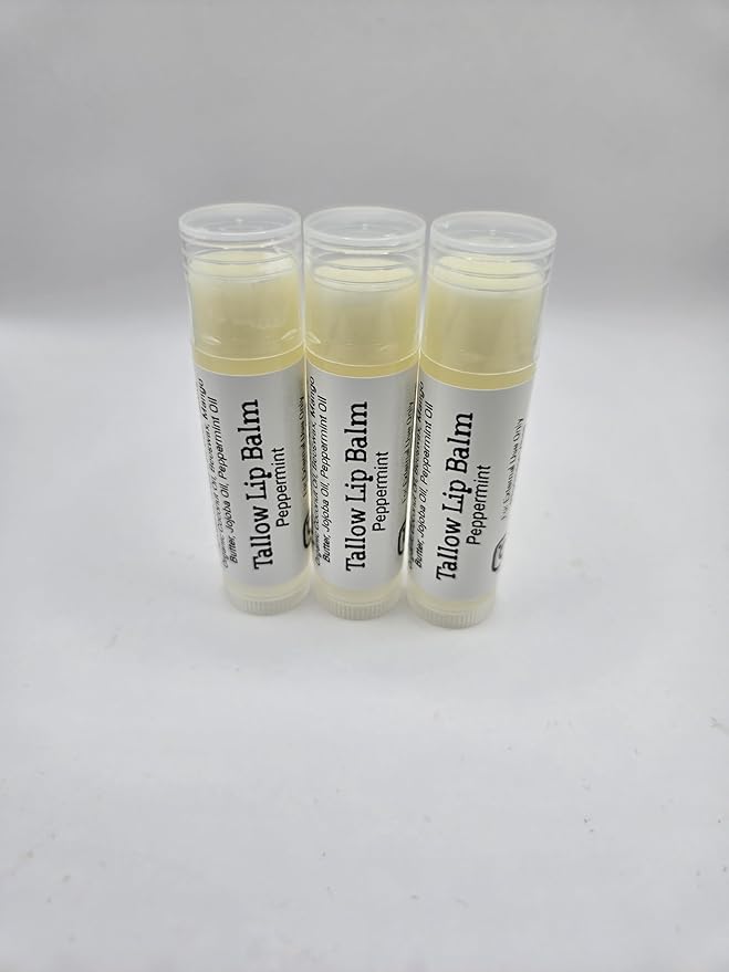 Tallow Lip Balm (3 Pack) (Peppermint) Handmade Natural Grass Fed Beef Tallow Lip Balm with Nourishing Oils