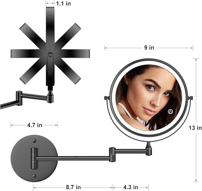 Rocollos 9" Wall Mounted Lighted Makeup Mirror, Large Double Sided 1X/10X Magnifying Mirror, 3 Color LED Vanity Mirror, Touch Dimmable 360° Swivel Light Up for Bathroom