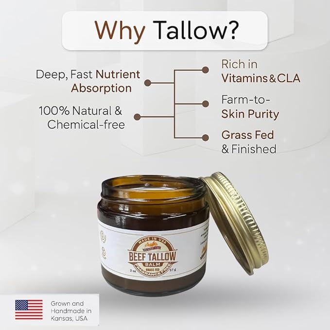 Grass Fed Beef Tallow Balm - 8 oz - Made in USA - Organic Grass Fed and Finished - Moisturizing Skin Care Tea Tree