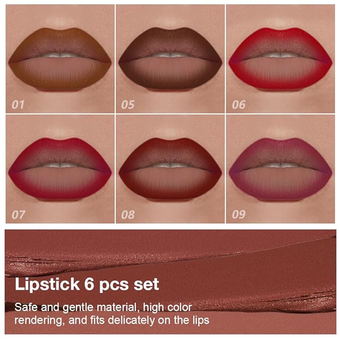 evpct 6Pcs Mauve Maroon Brown Ruby Plum Dark Red Gradient Matte Lip Liner Lipstick Combo Crayon Pencil Set for Women Long Lasting, Cream Lip Liner and Lipstick Combo Makeup Kit, Gradual Ombre Effect
