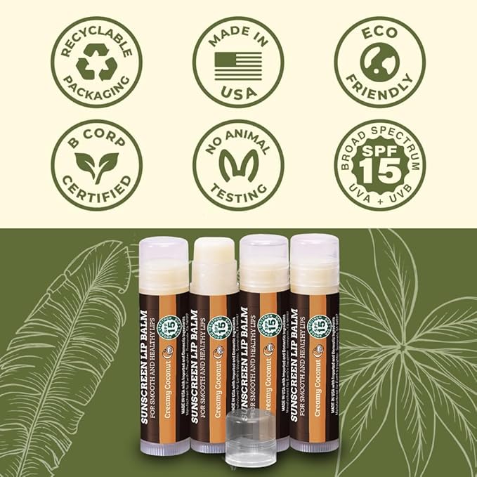 Earth's Daughter SPF Coconut Lip Balm 4-Pack Stocking Stuffers - Lip Sunscreen, SPF 15, Organic Ingredients, Beeswax, Coconut Oil, Vitamin E - Hypoallergenic, Paraben Free, Gluten Free, New