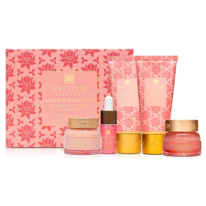 Spa Ceylon Lotus & Rambutan Face Care Discovery Set, Travel Size Face Serum, Cleanser, Masque, Day & Night Cream, & Protector, For Sensitive Skin, Organic