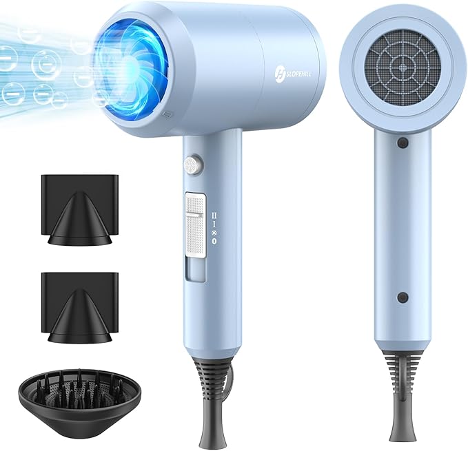 Slopehill Professional Ionic Hair Dryer, Powerful 1800W Fast Drying Low Noise Blow Dryer with 2 Concentrator Nozzle 1 Diffuser Attachments for Home Salon Travel (Matte Blue)