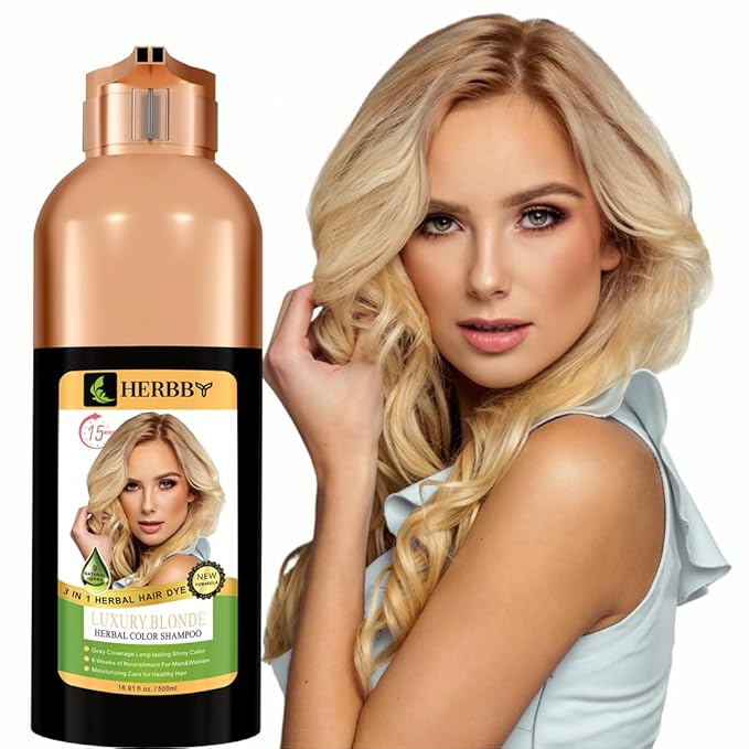 HERBBY Hair Color Shampoo for Gray Hair Coverage&Color Transform with 9 Herbal Extracts –Long Lasting(6-8 Weeks),Shiny,Evenly Colored,Instant Hair Dye Shampoo&Conditioner,500 Ml (LUXURY BLONDE COLOR)