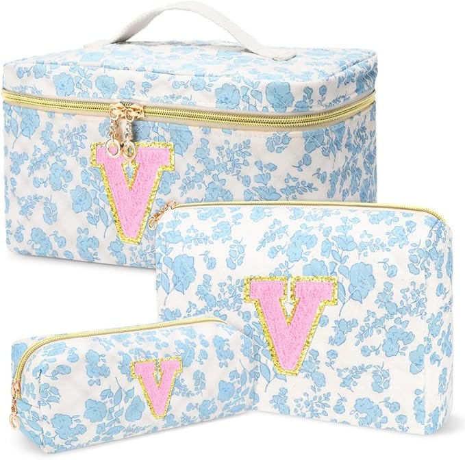 3 PCS Travel Makeup Bag Set, A–Z Initials Cotton Quilted Cosmetic Bag for Women & Preppy, Personalized Toiletry Bag Travel Accessories Makeup Brushes Organizer, Valentine’s Day & Birthday Gift for Her