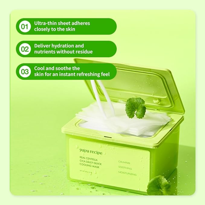 Papa Recipe Real Centella Cica Daily Cooling Facial Masks (30 Sheets), Instant Soothe & Calm, Hydrating Face Masks, Dermatologist-tested, Sensitive & Acne-Prone Skin Friendly, Korean Skincare