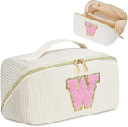 Personalized Initial Makeup Bag, Valentine's Day Gifts for Girls,Preppy Bag Cosmetic Travel Bag Women,Travel Toiletry Organizer,Large Capacity Corduroy Stuff Bag,Cute Cosmetic Pouch Skincare Bag