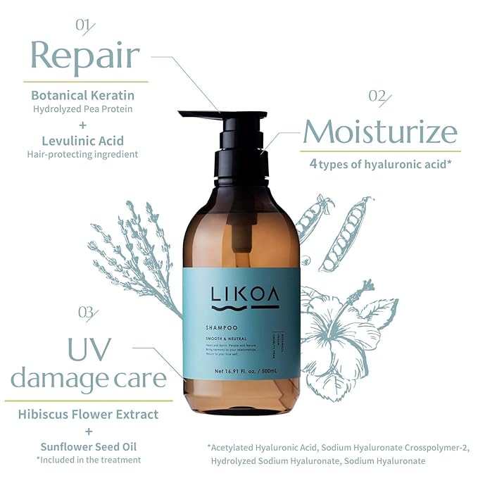 LIKOA, Smooth and Neutral Shampoo and Treatment Set, Vegan, Halal, Lightweight Moisture for Fine, Dry, or Tangle-Prone Hair, Botanical Hair Care, White Floral Scent, Made in Japan, 16.9/17.64 Fl oz