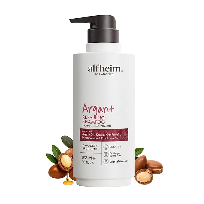 ALFHEIM Argan+ Repairing Shampoo for Dry, Damaged & Frizzy Hair with Argan Oil, Keratin, Oat Protein, Panthenol & Vitamin E – Deep Moisture, Shine Boost, Frizz Control, Sulfate Free – 18 oz / 535 ml