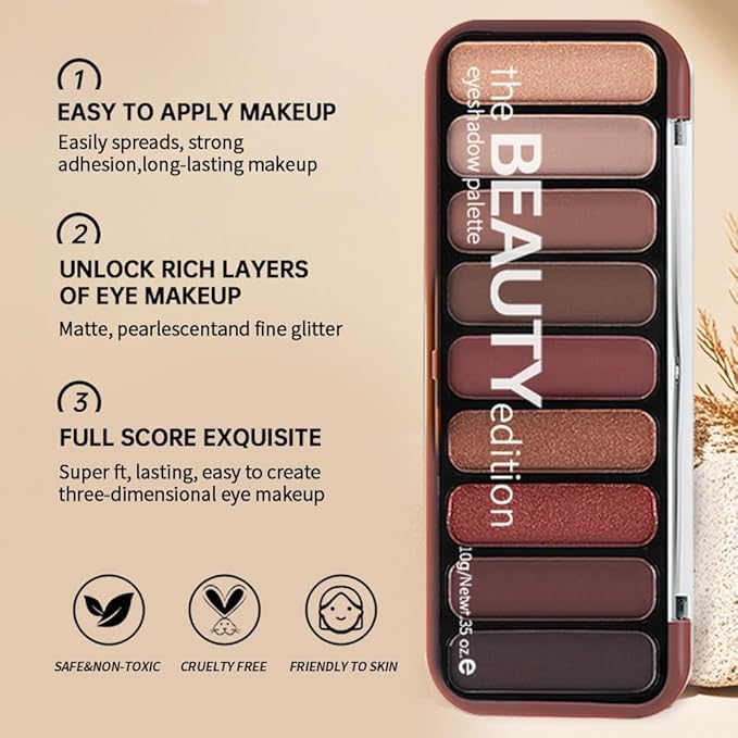 Rosy Brown Eyeshadow Palette for Mature Eyes – 9 Matte & Shimmer Shades in Taupe Nude, Dusty Rose, Copper Rose & Plum Brown, High Pigment & Blendable Daily Natural to Soft Smokey Looks