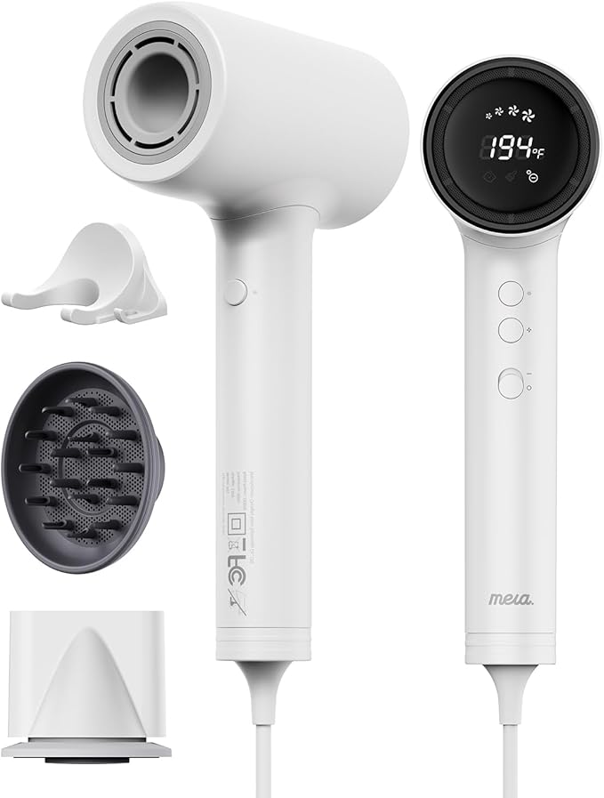 Professional Hair Dryer with Diffuser (Mera ProMax Ionic-X) - Fast Drying, Anti-Static Blowdryer Full Tool Set for Women & Stylists, 1-Button Cooling Mode, cUL Certified, Self-Cleaning, LED Screen