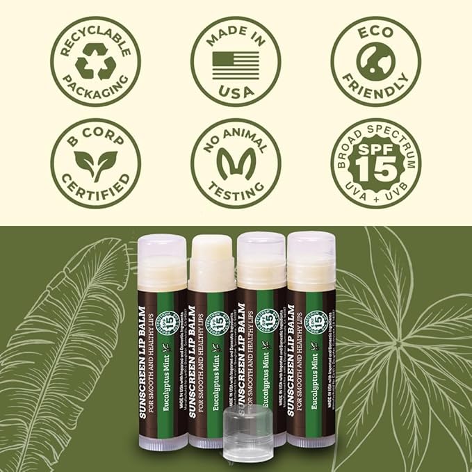 Earth's Daughter SPF Lip Balm Eucalyptus Mint Stocking Stuffers 4-Pack - Lip Sunscreen, SPF 15, Organic Ingredients, Beeswax, Coconut Oil, Vitamin E - Hypoallergenic, Gluten Free