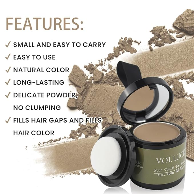 VOLLUCK Root Touch up Powder, Instant Hairline Powder for Thinning Areas and Gray Hair Coverage, Natural and Non-greasy Root Cover up for Women and Men (Light Coffee, 0.35 Ounce)