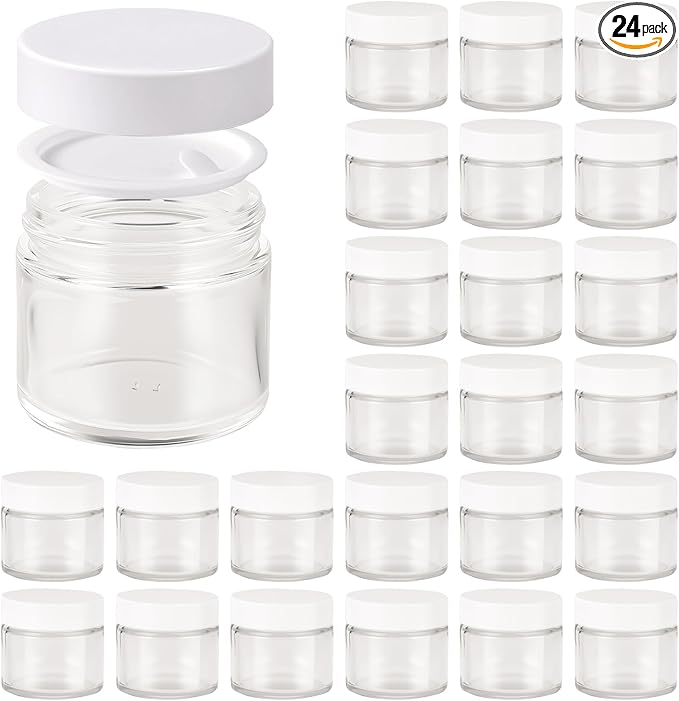 2oz Jars with Lids, Hoa Kinh 24 Pack Clear Glass Jars with Lids Empty Cosmetic Containers Round Airtight Glass Jar with Inner Liners and White Lid for Storing Lotions, Powders, and Ointments