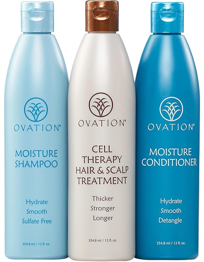 Ovation Hair Moisturizing 3-Step Bundle for Dry Hair with Moisture Shampoo & Conditioner, Cell Therapy Hair Growth & Healthy Scalp Treatment - Nourish, Smooth, Detangle & Hydrate Dry or Brittle Hair
