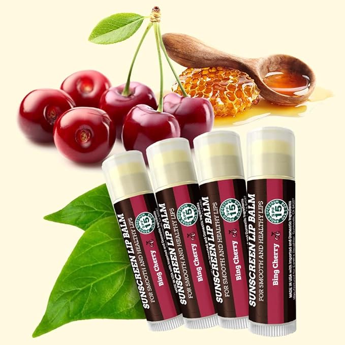 Earth's Daughter SPF Lip Balm Cherry Flavor 4-Pack Stocking Stuffers - Lip Sunscreen, SPF 15, Organic Ingredients, Beeswax, Coconut Oil, Vitamin E - Hypoallergenic, Paraben Free, Gluten Free