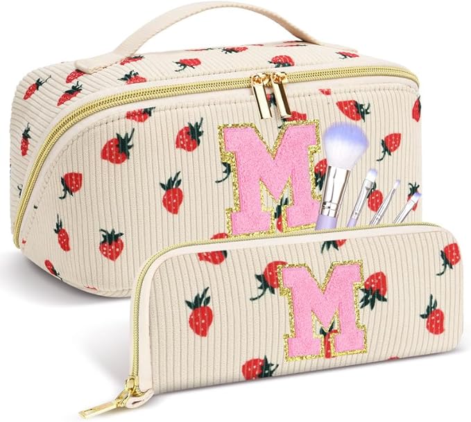 Personalized Travel Makeup Bag Set,Initial Travel Strawberry Makeup Organizer Bag,Toiletry Skincare Cosmetic Bag, Valentine's Day Gifts for Women/Girls/Teen,Open Flat Toiletry Pouch with Brush Bag