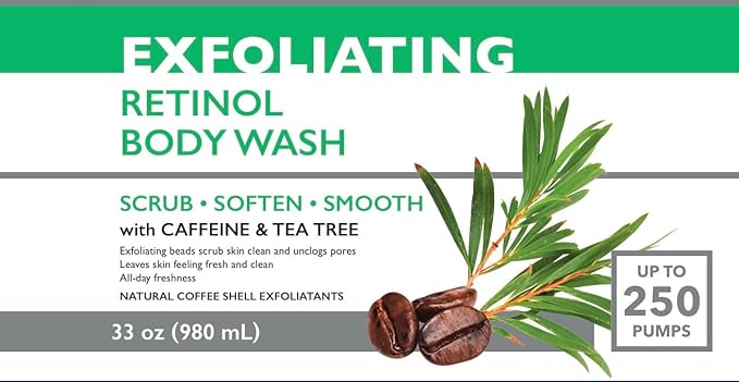 SpaScriptions Exfoliating Body Wash for Smooth Hydrated Skin, pH Balanced, Paraben Free, 33 oz (Retinol With Caffeine & Tea Tree)