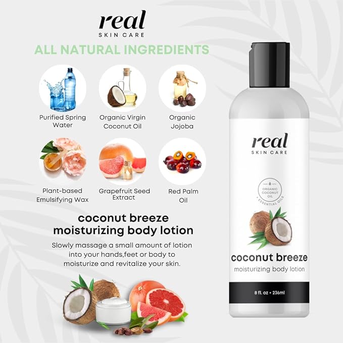 Real Skin Care Organic Body Lotion | Tighten and Moisturize Dry Skin | Reduce Fine Lines and Wrinkles | Natural Body Lotion Without Chemicals | Coconut Lotion Body | Paraben Free Body Lotion | 8oz