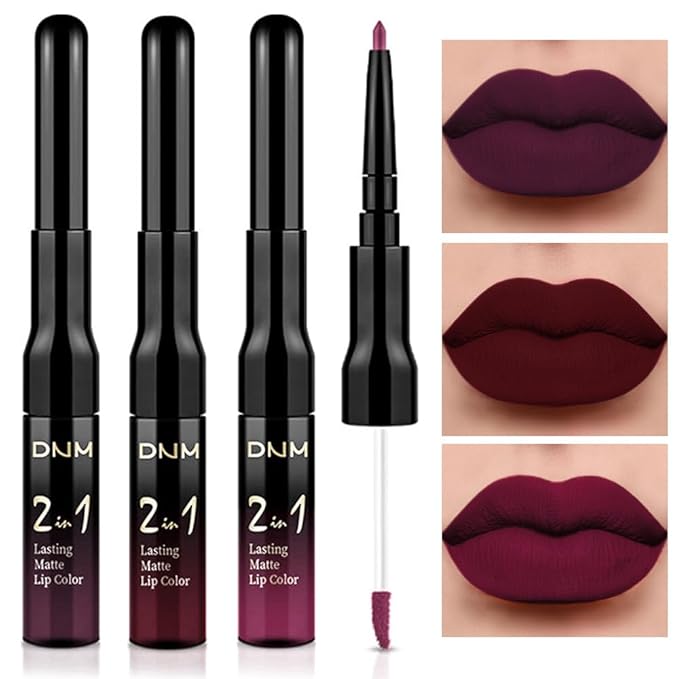 3Pcs 2 in 1 Dark Deep Red Purple Plum Black Cherry Lip Liner and Liquid Lipstick Stain Makeup Set for women, Long Lasting Smudge Proof Lip Tint Matte Finish Lip Gloss for All-Day Color Hold , Set11