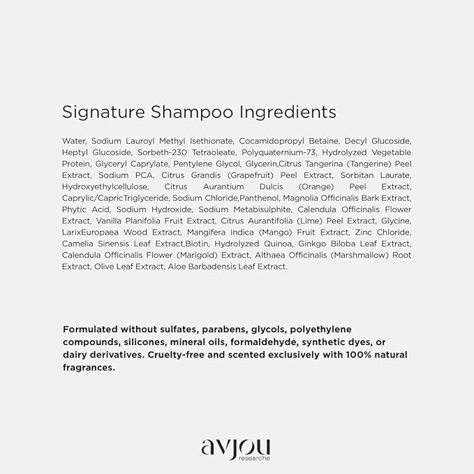 Avjou Researche™ Signature Shampoo – Supports the Look of Healthy, Fuller Hair – Vegan, Color & Keratin Safe, Cruelty-Free, Hydrates & Nourishes with Coconut Oil – Designed for All Hair Types, 8 oz
