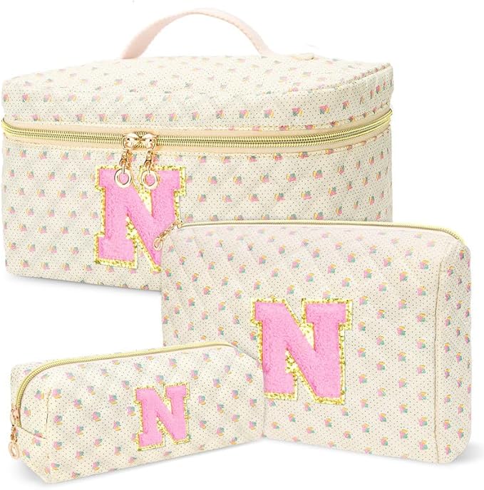 3 PCS Travel Makeup Bag Set, A–Z Initials Cotton Quilted Cosmetic Bag for Women & Preppy, Personalized Toiletry Bag Travel Accessories Makeup Brushes Organizer, Valentine’s Day & Birthday Gift for Her