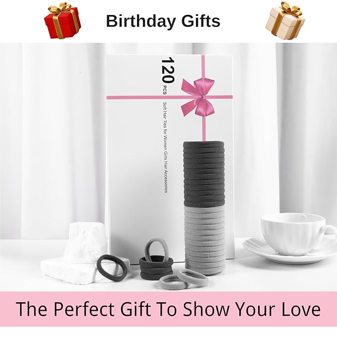 LuSeren 120 Pcs No Damage Hair Ties for Thick Hair, Large Soft Seamless Nylon Hair Elastics for Women, Ponytail Holders, Hair Accessories – Light Grey and Grey Color